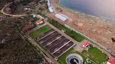 Aerial-view-of-sewage-treatment-plant-nearby-Datça-city,-Muğla-province,-Reşadiye-peninsula,-Turkey