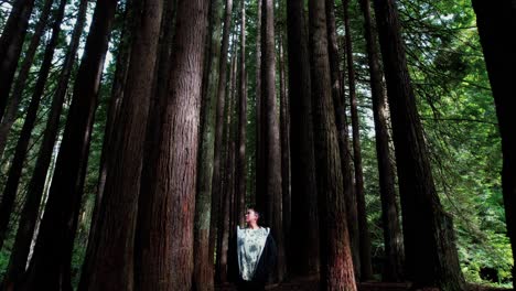 Girl-Looking-Up-At-California-Redwood-Trees,-Drone-Flying-Near-Ground