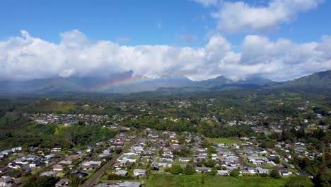 Cinematic-arial-view-with-rainbow-in-cloudy-sky-in-Kauai