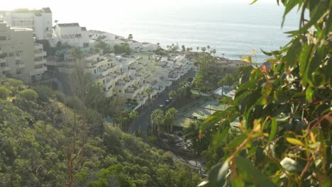 Hotel-resort-and-tennis-court-in-beautiful-holiday-island-Tenerife-spain,-sunset