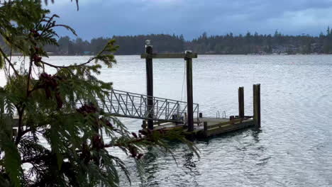 Wooded-Pier-to-Swimming-Dock-on-Glassy,-Stormy-Lake