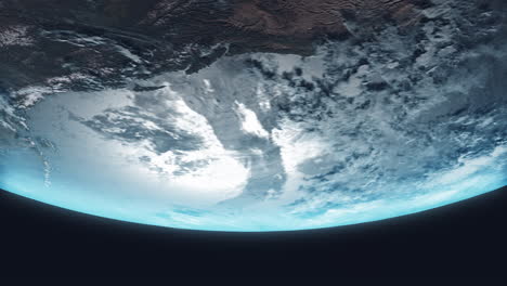 Umgedrehte-Erde-Aus-Dem-Weltraum-Mit-Langsam-Rotierender-Erde-Mit-Leuchtend-Blauer-Atmosphäre-Am-Horizont-Und-Dynamischen-Meereswolken---3D-Animation-4k