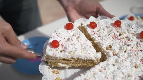 Woman´s-hand-serving-a-piece-of-white-cream-cake-with-red-candy-cherries-on-a-sunny-summer-event-at-the-garden