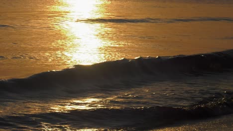 Golden-sea-reflecting-sun-at-sunrise,-waves-washing-in-to-shore,-mediterranean,-spain
