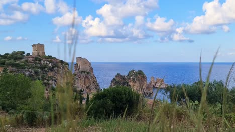 Grass-moved-by-wind-with-Stacks-or-Faraglioni-of-Scopello-in-background,-Sicily