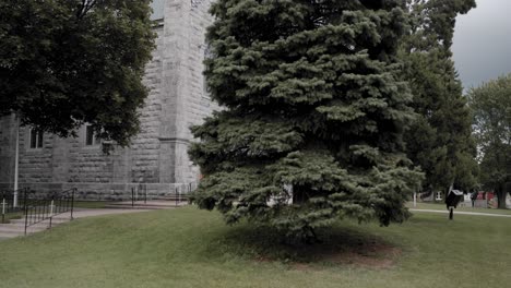 Walking-across-the-lawn-from-behind-a-pine-tree-to-reveal-the-beautiful-steeple-of-the-St