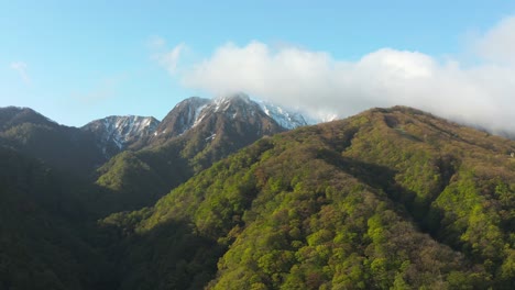 Mt-Daisen-and-Forests-of-Tottori,-Tilt-Reveal-Establishing-Shot,-Japan