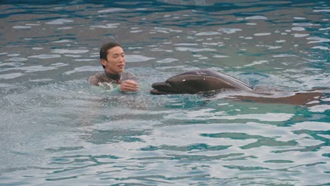 Dolphin-Trainer-Gives-Fish-As-Treat-To-A-Dolphin-Showing-Tricks-At-Umino-Mori-Aquarium-In-Sendai,-Miyagi,-Japan