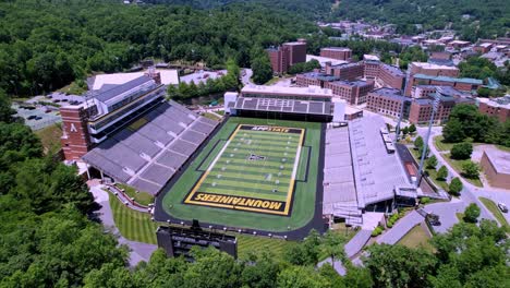 Aerial-Push-into-Kidd-Brewer-Football-Stadium-in-Boone-NC,-Boone-North-Carolina