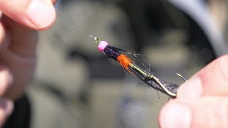 Close-Up-Of-Angler's-Hands-Holding-An-Intruder-Style-Trout-Fly-With-Hook-For-Fly-Fishing