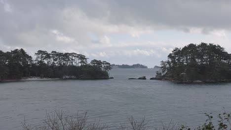 Pine-covered-islands-at-Matsushima,-Winter-coastline-of-Miyagi-Prefecture,-Japan