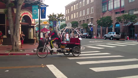 Pedicab-On-The-Road-Along-The-Spaghetti-Factory-At-Gaslamp-Quarter-In-San-Diego,-California