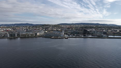 Panoramic-View-Of-Trondheim-City,-Municipality-In-Norway---aerial-drone-shot