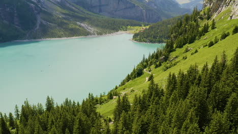 Aerial-of-beautiful-Swiss-landscape-with-a-blue-lake