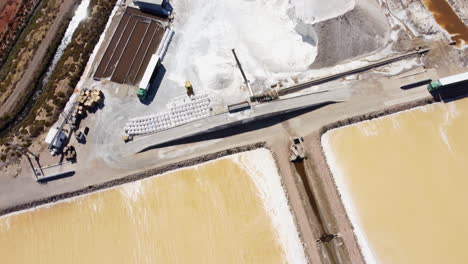 Luftaufnahme-Einer-Salzfarm-Mit-Salzseen-Und-Gelben-Salzbetten-In-Portugal-Von-Oben-Nach-Unten