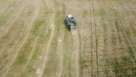 Aerial-view-of-a-green-vintage-combine-harvester-mows-wheat-in-the-field-for-the-food-industry,-yellow-reap-grain-crops,-sunny-summer-day,-birdseye-shot-tilt-up