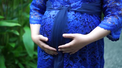 Schwangere-Frau-Berührt-Ihren-Bauch-Im-Garten