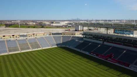Flying-Away-from-SeatGeek-Soccer-Stadium-in-Chicago,-IL