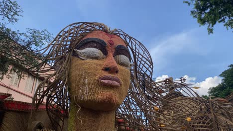 Close-up-shot-of-gorgeous-devi-Durga-big-face-idol-made-of-jute-during-festival-in-Kolkata
