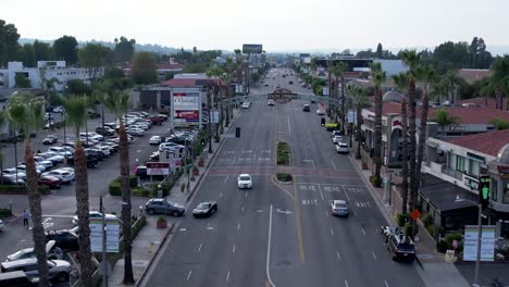 Aerial-over-Ventura-blvd,-Encino-Commons-sign-around-businesses