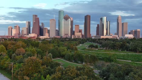 Low-angle-drone-view-of-downtown-Houston-skyline