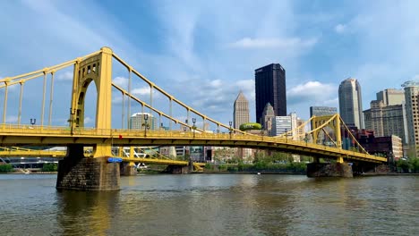 Panoramic-view-of-Andy-Warhol-Bridge-seen-from-the-Allegheny-river-waterfront-with-the-Pittsburgh-downtown-in-the-background