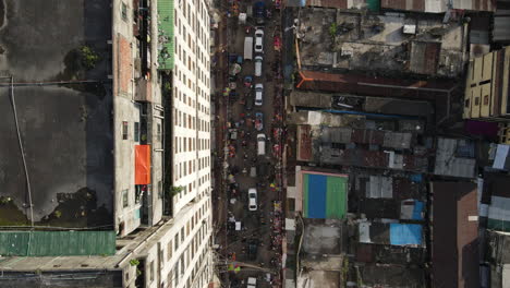 Aerial-Top-Down-Rooftop-View-Of-Busy-Downtown-Street-In-Mumbai