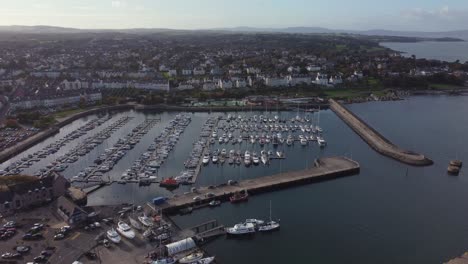 Aerial-view-of-Bangor-harbour-and-town-on-a-sunny-day,-County-Down,-Northern-Ireland
