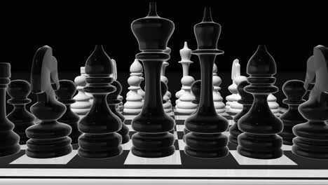 Schachbrettanimation-Seitwärts-Mit-Den-Schachfiguren,-Die-Auf-Dem-Glänzenden-Schachbrett-Stehen,-4K-Videoauflösung