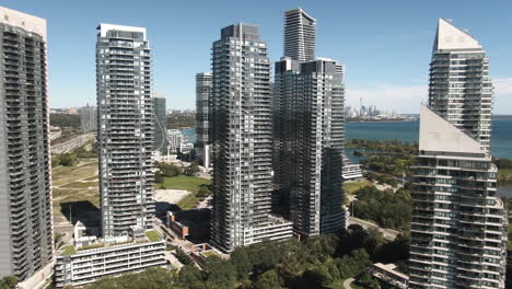 Glass-and-concrete-skyscrapers-of-Toronto-filmed-from-the-air