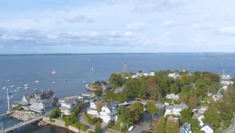 Panoramic-View-On-Marblehead-Neck-and-Marblehead-Harbor-in-Town-of-Marblehead,-Massachusetts-MA,-USA---aerial-drone-shot