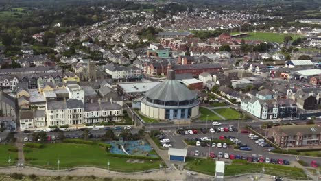 Aerial-view-of-the-town-of-Newcastle-on-a-sunny-day,-County-Down,-Northern-Ireland