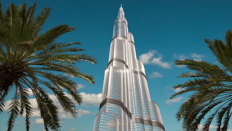 Borj-Khalifa,-Burj-Khalifa-Hotel,-Dubai,-palm,-modern-architecture,-high-building,-middle-east-resort,-travel,-Emirates,-futuristic-cityscape,-sky-replacement-effect,-cinemagraph