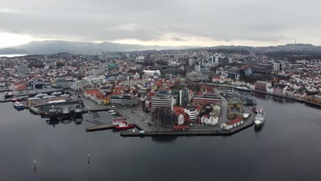 Beautiful-aerial-panoramic-view-of-Stavanger-city-and-fjord-seen-from-seaside---Norway-coast