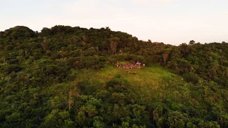 Luftaufnahme-Von-Menschen,-Die-Den-Sonnenaufgang-Auf-Der-Insel-In-Florianopolis,-Brasilien,-Beobachten