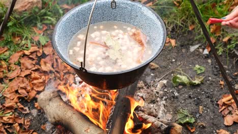 Overview-of-pea-soup-boiling-in-cauldron-over-a-campfire-while-camping-in-the-countryside-at-daytime