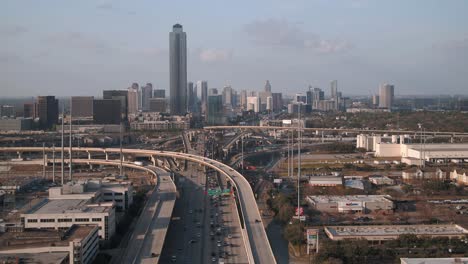 Aerial-of-cars-on-610-South-freeway-in-Houston-near-the-Galleria-Mall-area