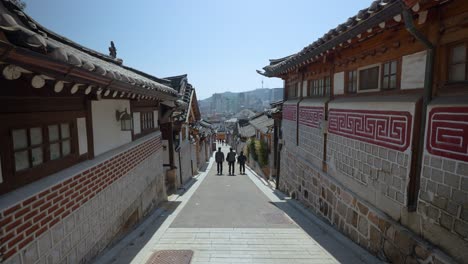 Elevated-landscape-of-Bukchon-Hanok-Village-in-Seoul,-South-Korea-with-N-Seoul-Tower-in-background