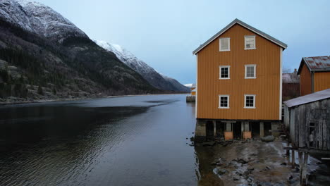 Old-village-Mosjoen,-colorful-Norwegian-traditional-houses-in-Northern-Norway---Scandinavia