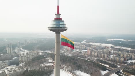 AERIAL:-Lithuanian-Flag-Waving-on-Vilnius-Television-Tower---tallest-building-in-the-country