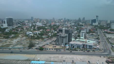 Victoria-Island-Lagos,-Nigeria---20-Feb-2022:-drone-view-of-cars-and-traffic-on-Ahmadu-Bello-Way,-Victoria-Island-Lagos