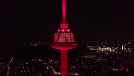 AERIAL:-Close-up-of-TV-Tower-on-Night-of-Re-establishment-of-the-State-of-Lithuania