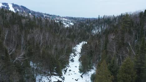 Aerial-flyover-person-walking-on-bridge-over-frozen-river-in-winter-snow-pine-tree-forest-in-national-park