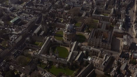 Tight-circling-drone-shot-of-Bodleian-Library-Radcliffe-camera-Oxford-University-at-midday