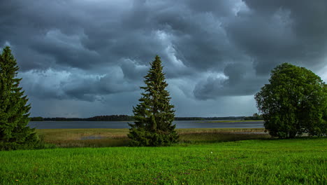 Storm-clouds-move-in-over-lake,-trees-and-meadow-foreground