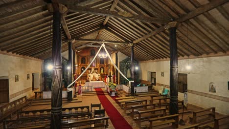 Top-shot-of-the-Interior-of-the-Jesuit-Mission-church-in-San-Ignacio-de-Velasco,-Bolivia