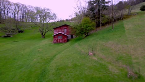aerial-fast-pullout-from-barn-near-blowing-rock-and-boone-nc,-north-carolina