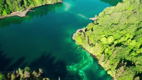 Plitvice-lakes-croatia,-drone-fly-above-green-natural-unpolluted-forest-with-lake-water-formation-and-waterfall-in-national-park