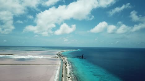 Aerial-drone-view-of-the-Salt-pans-of-Bonaire,-in-the-Dutch-Caribbean,-in-South-America