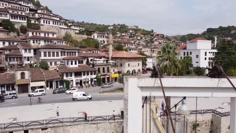 Bridge-and-Old-Town-of-Berat,-Albania---Aerial-Drone-View,-Fly-Forward